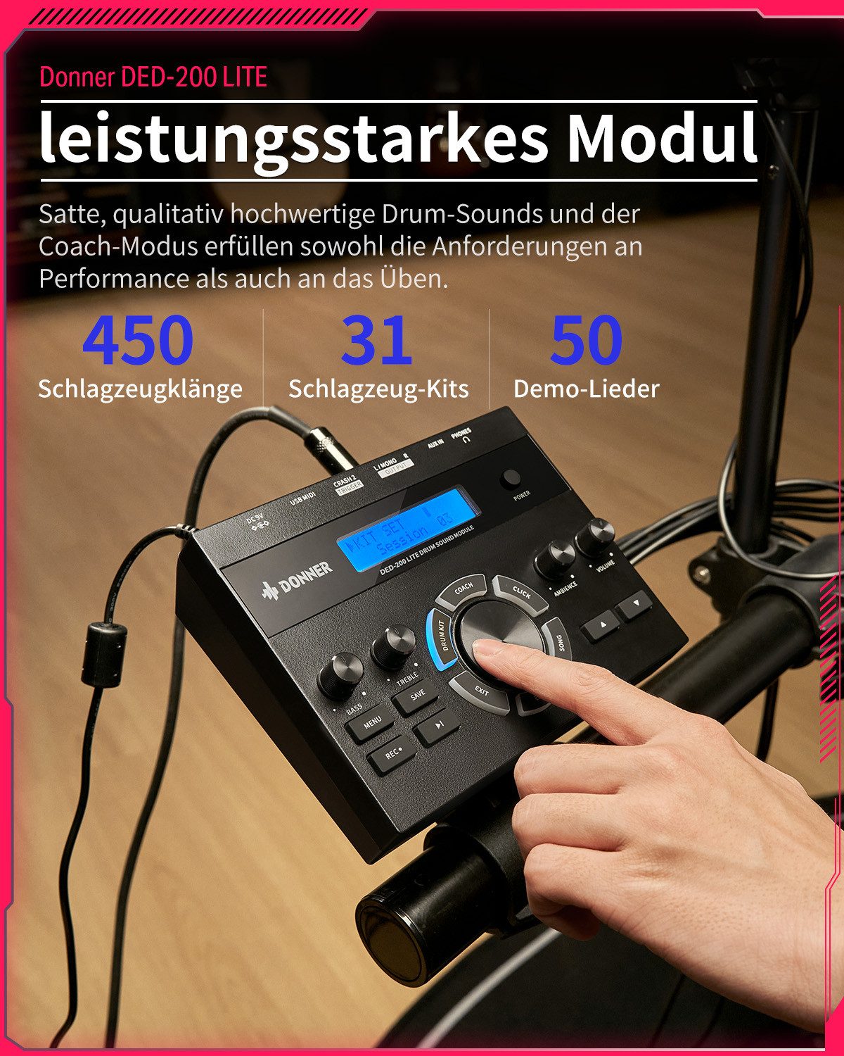 Donner E-Drum E-Schlagzeug 450 Sounds mit Thron Pedale Kopfhörer Unterricht DED-200,Set, Trommelhocker/Drumsticks/Kopfhörer/Audiokabel, 5 Trommeln und 4 Becken