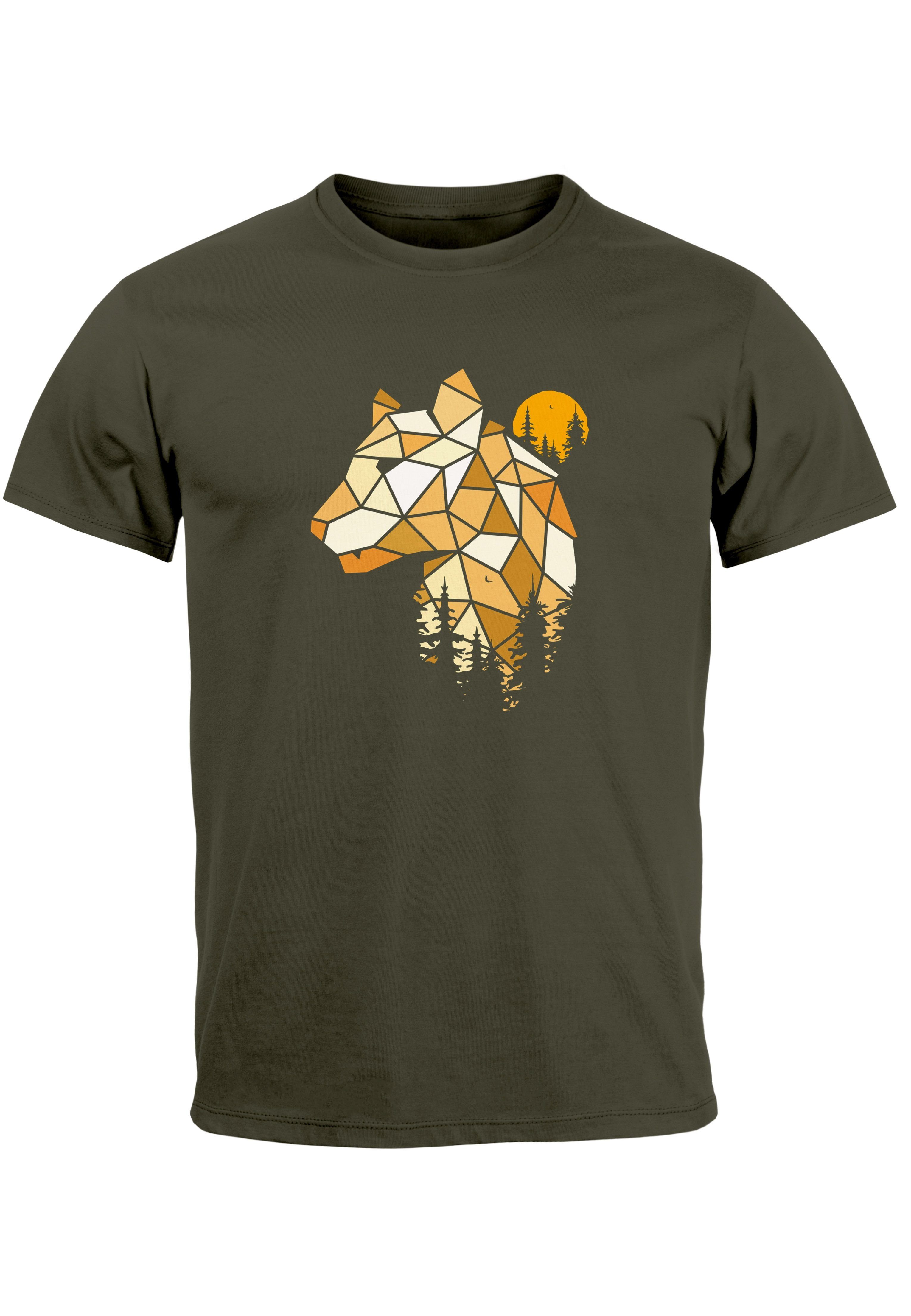 Neverless Print-Shirt Herren T-Shirt Fashion Polygon Print Luchs Wald Tiere Outdoor Motiv Au mit Print army