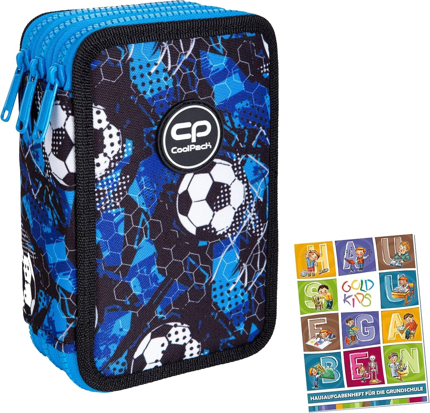 GOLDKIDS Federmäppchen Federtasche 3-fache Federmappe, (46-teilig gefüllte Schüleretui Stifte und Pinsel inkl., 1-tlg., Aufgabenheft Federbox Etui Stiftetasche), Schlamper-Etui Schul-Etui SOCCER Fußball