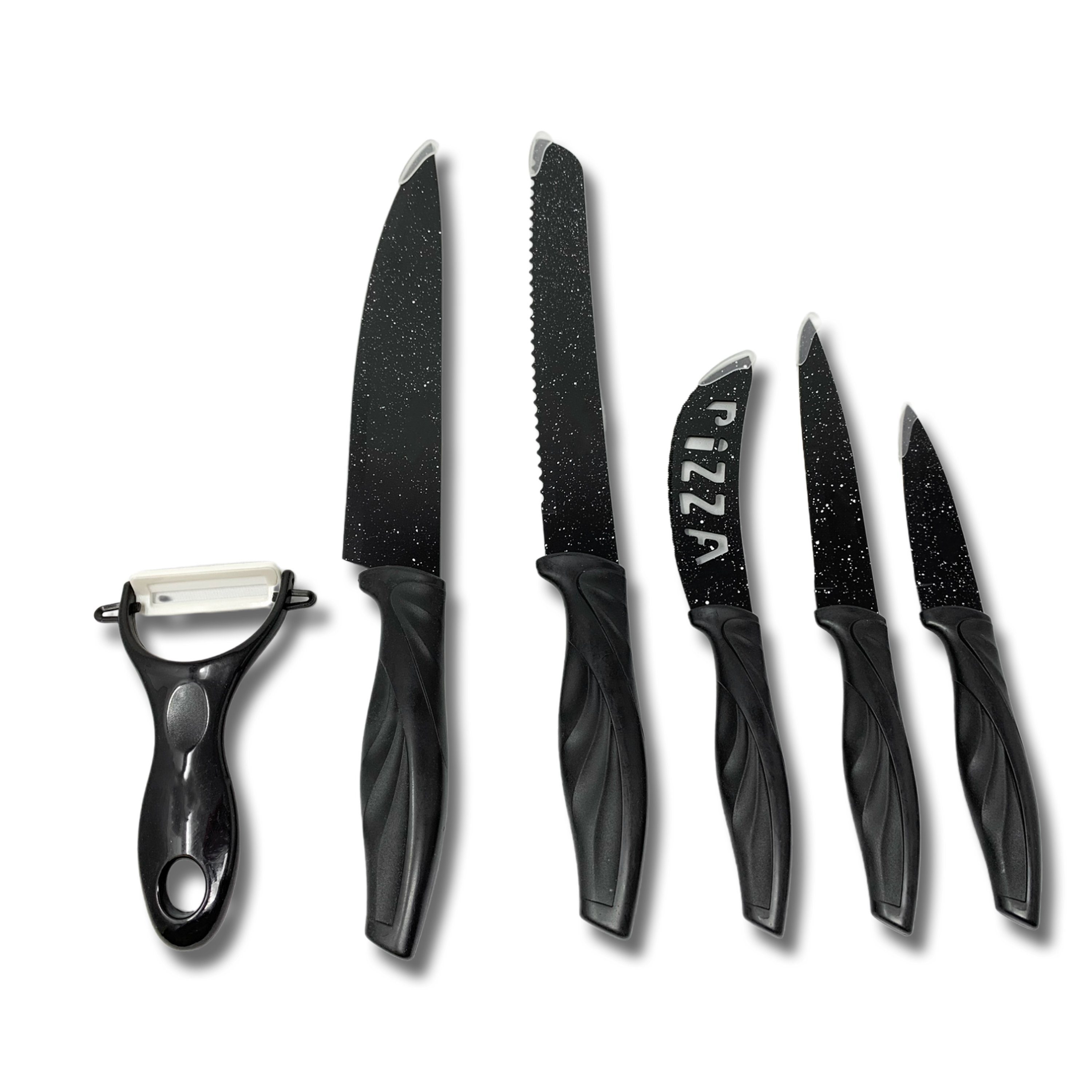 H-basics Messer-Set 6 teiliges Messerset - Kochmesser, Universalmesser, Brotmesser, Pizzamesser, Schälmesser, Antihaft Beschichtung, Marmor beschichtet Schwarz