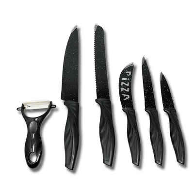H-basics Messer-Set 6 teiliges Messerset - Kochmesser, Universalmesser, Brotmesser, Pizzamesser, Schälmesser, Antihaft Beschichtung, Marmor beschichtet