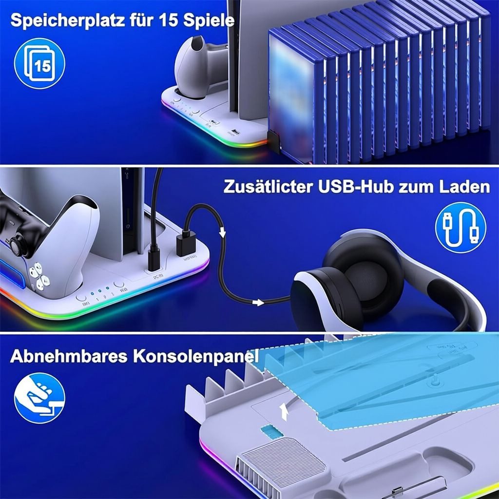 BBG PS5-Kühlständer für PS5, PS5 Slim und PS5 Pro,Disc und Digital Edition Ladestation (3-stufige Lüftersteuerung, 2 Controller-Ladeplätze, RGB-Beleuchtung, 15  – Bild 3 von 5