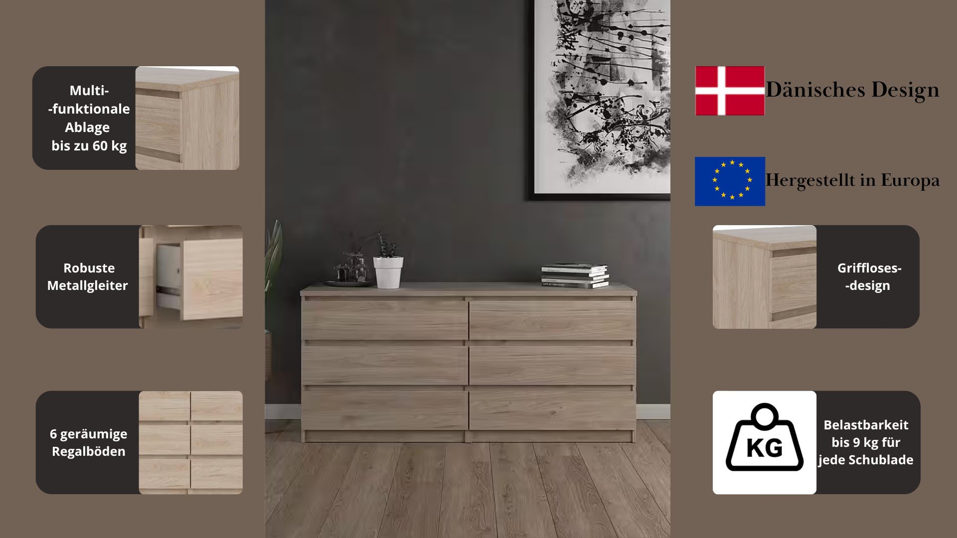 Home affaire Kommode Naia, 6 Schubladen im skandinavischen Design, Breite 158 cm, Viel Stauraum mit griffloser Front, in mehreren Farben