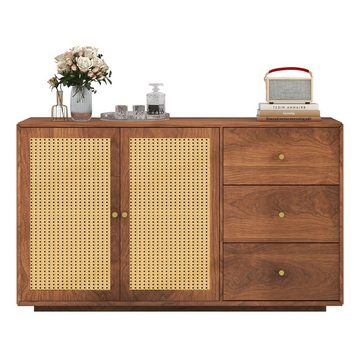 EXTSUD Sideboard Kommode mit 3 Schubladen und 2 Türen, Rattan-Sideboard, vielseitig anwendbar, ausreichender Stauraum