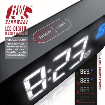 BEARWARE Wecker Digital, mit Netzteil & 2200 mAh Akku, Musikwecker, Reisewecker, Temperaturanzeige, 2 Alarme, Schlummerfunktion, dimmbar