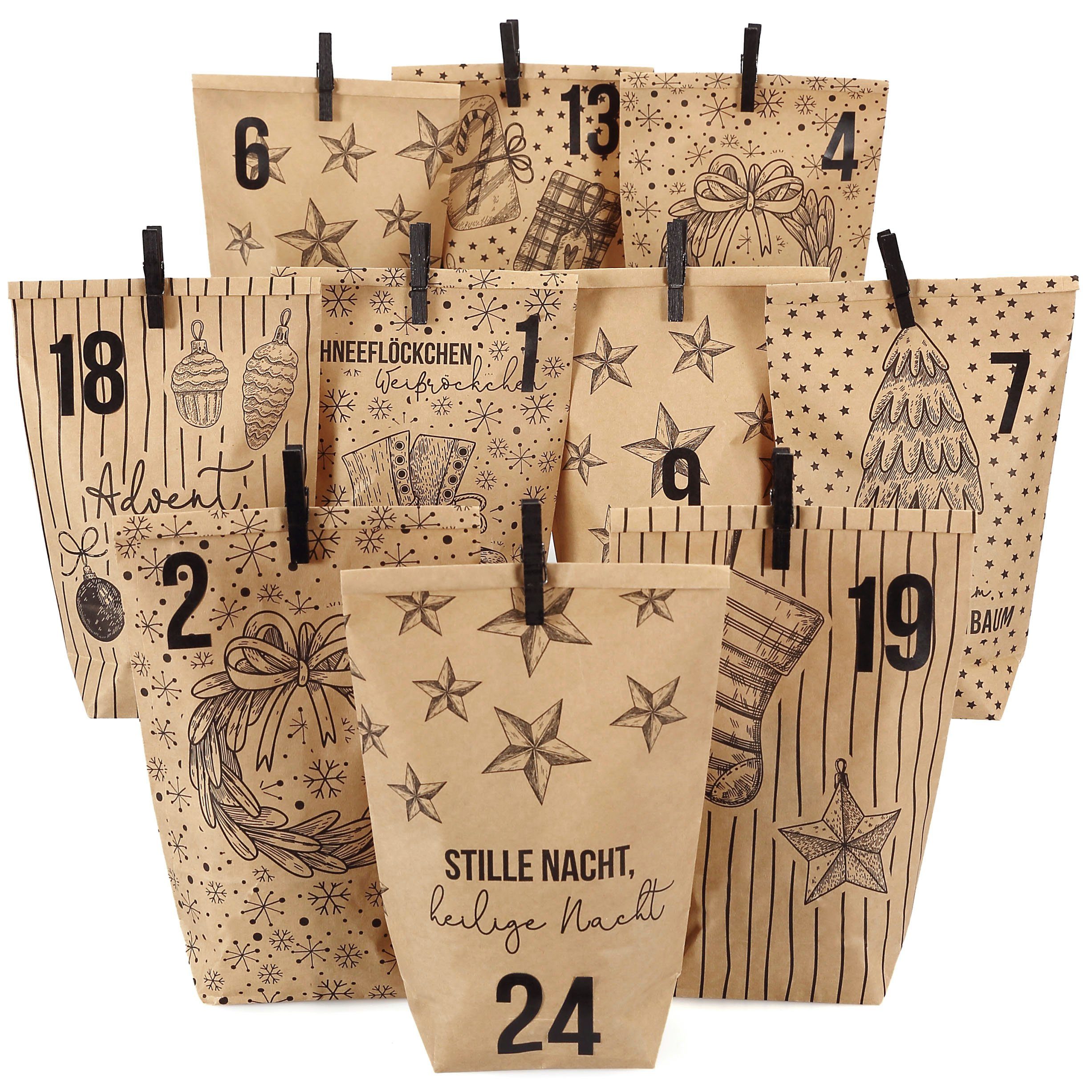 PAPIERDRACHEN befüllbarer Adventskalender DIY Adventskalender - 24 Geschenktüten, 24 Zahlenaufkleber & Klammern