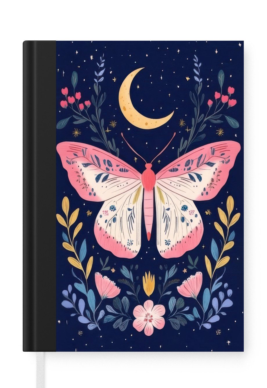 MuchoWow Notizbuch Schmetterling - Mond - Blumen - Sternenhimmel, Notebook, Notizblock a5, Tagebuch, Journal Liniert
