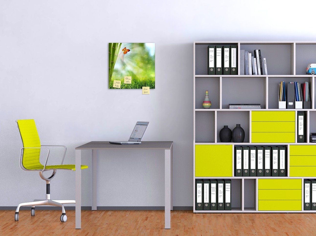 Wallario Memoboard Schmetterling im Grünen mit Bambus