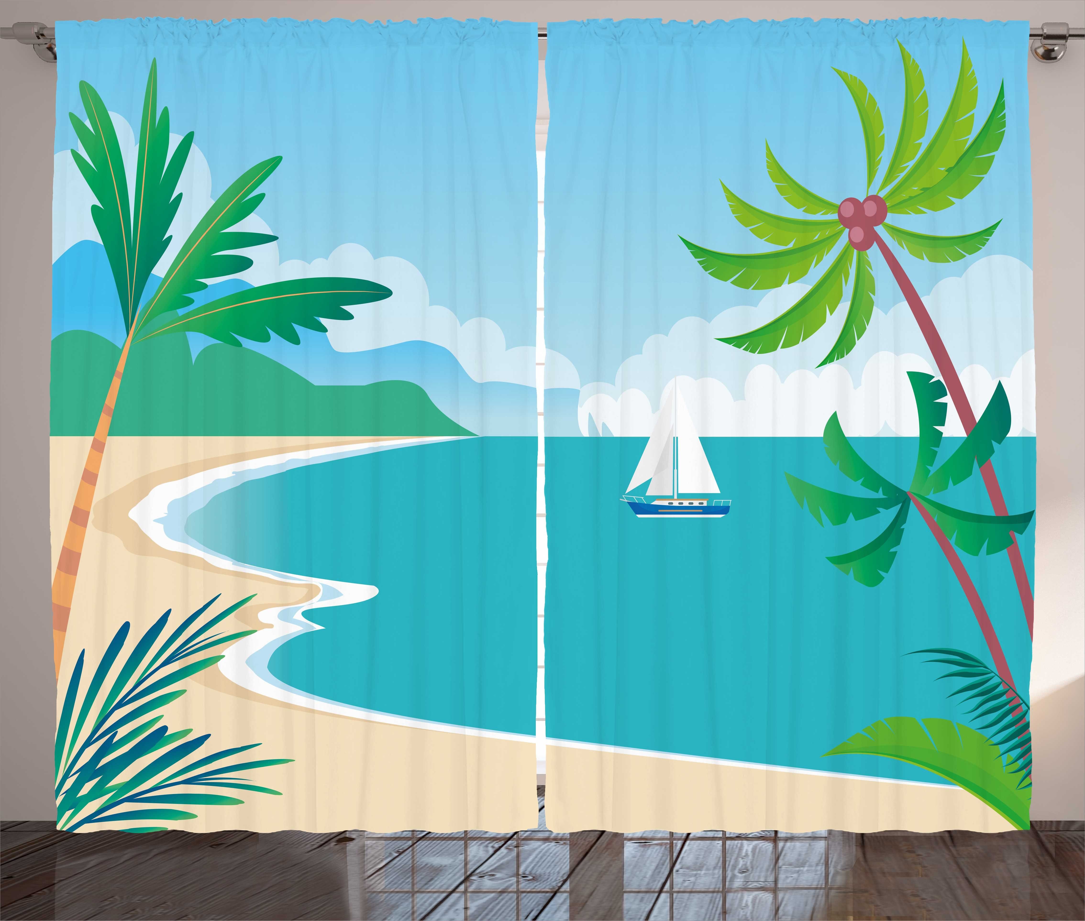 Gardine Schlafzimmer Kräuselband Grafik-Strand Coast Cartoon Haken, Schlaufen mit Vorhang und Abakuhaus, Tropic