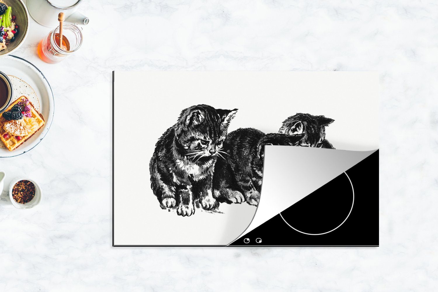 - - Vinyl, Katze Tiere, Herdblende-/Abdeckplatte küche, (1 cm, für Ceranfeldabdeckung Retro 81x52 Induktionskochfeld MuchoWow Schutz tlg), die