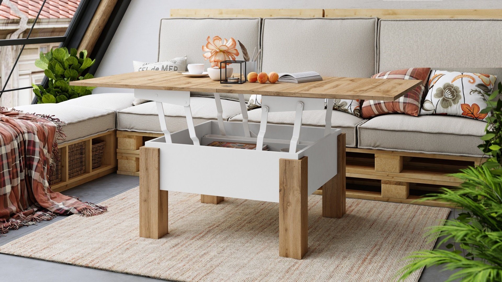 designimpex Couchtisch matt Wotan Tisch höhenverstellbar Design Couchtisch - aufklappbar Eiche Weiß Oslo Esstisch