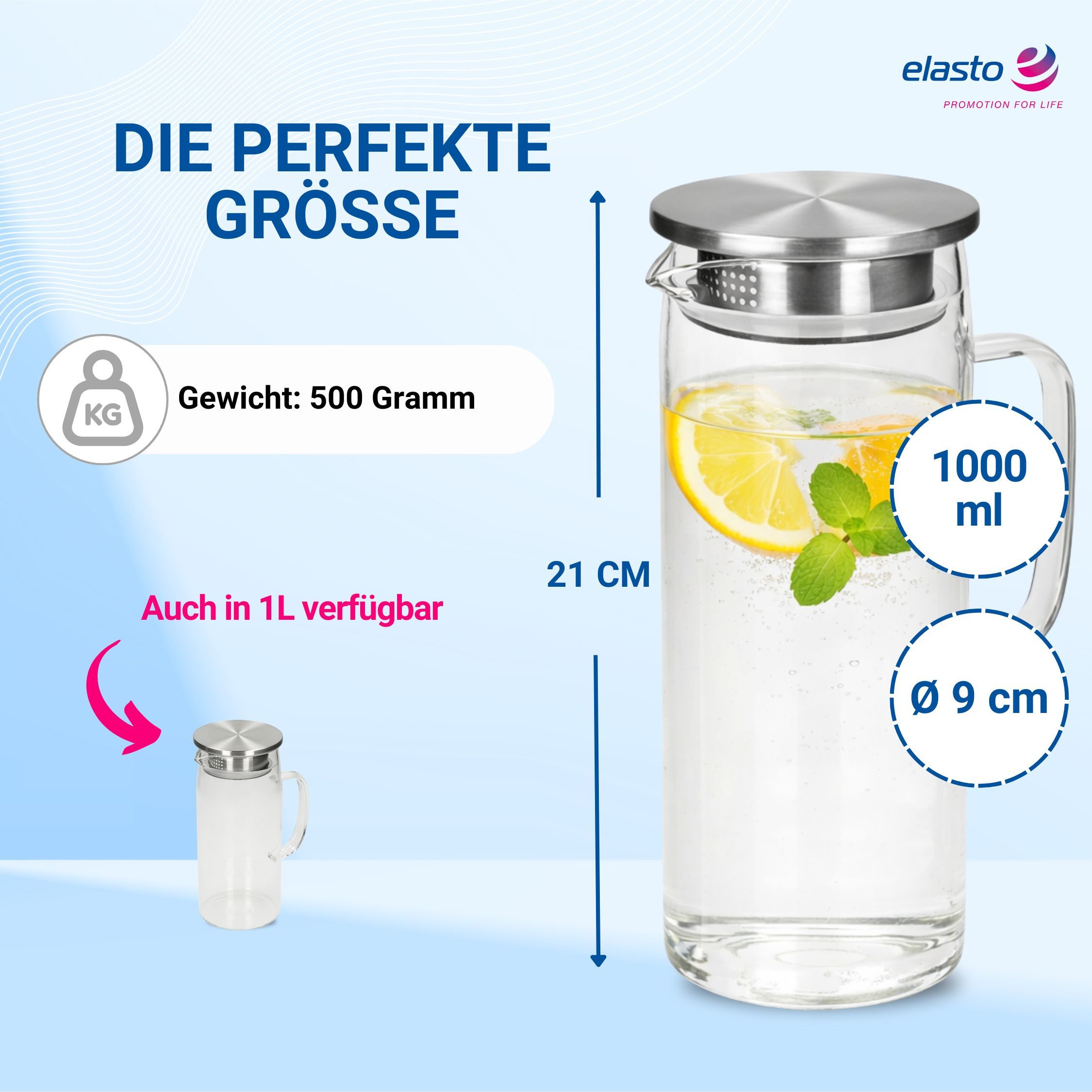elasto Wasserkaraffe Glaskaraffe mit Deckel und Sieb 1,5 Liter aus Borosilikatglas