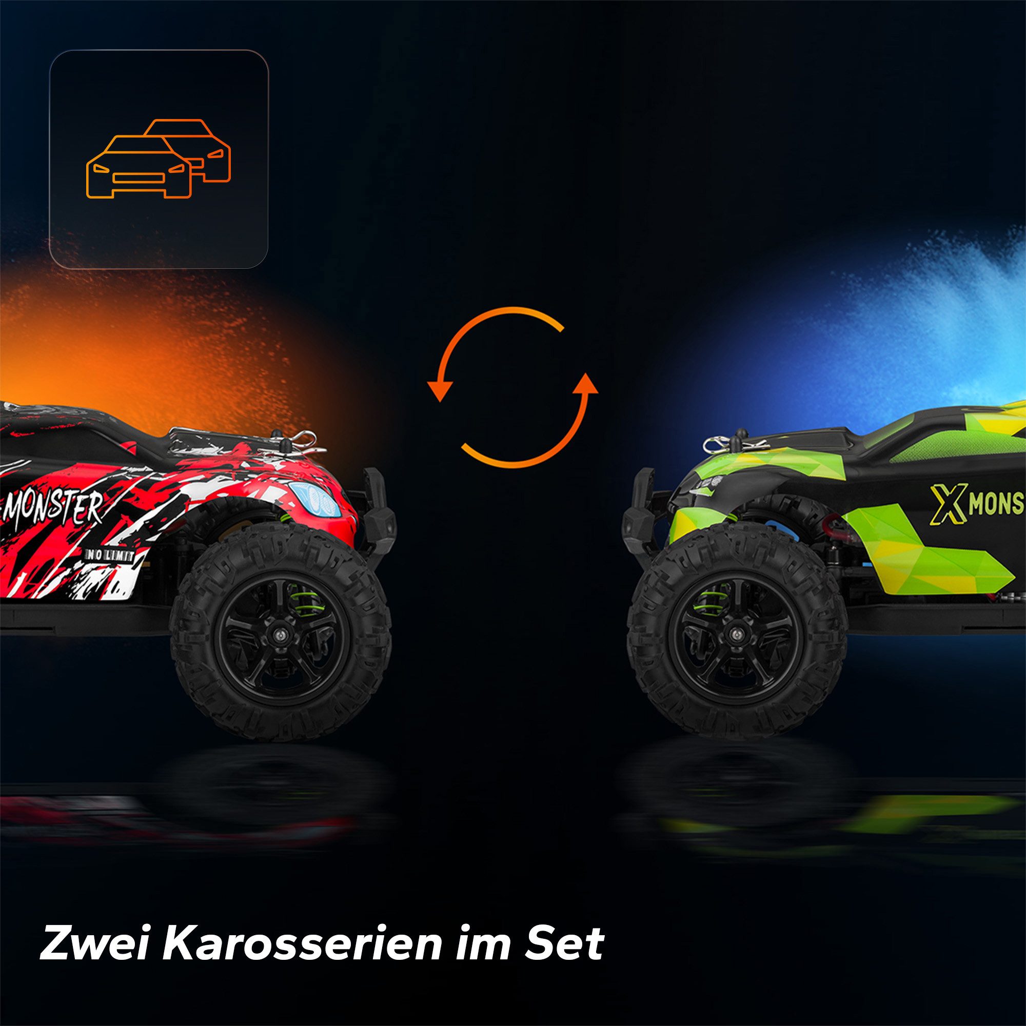 Overmax RC-Auto MONSTER 3.5 SPORT (2 Bodykits, Sport Rot und Schwarz-Grün Body Kit), 2x Akku / 40 min / 4x4 / Extra Bodykit / 3.5 Sport Rot