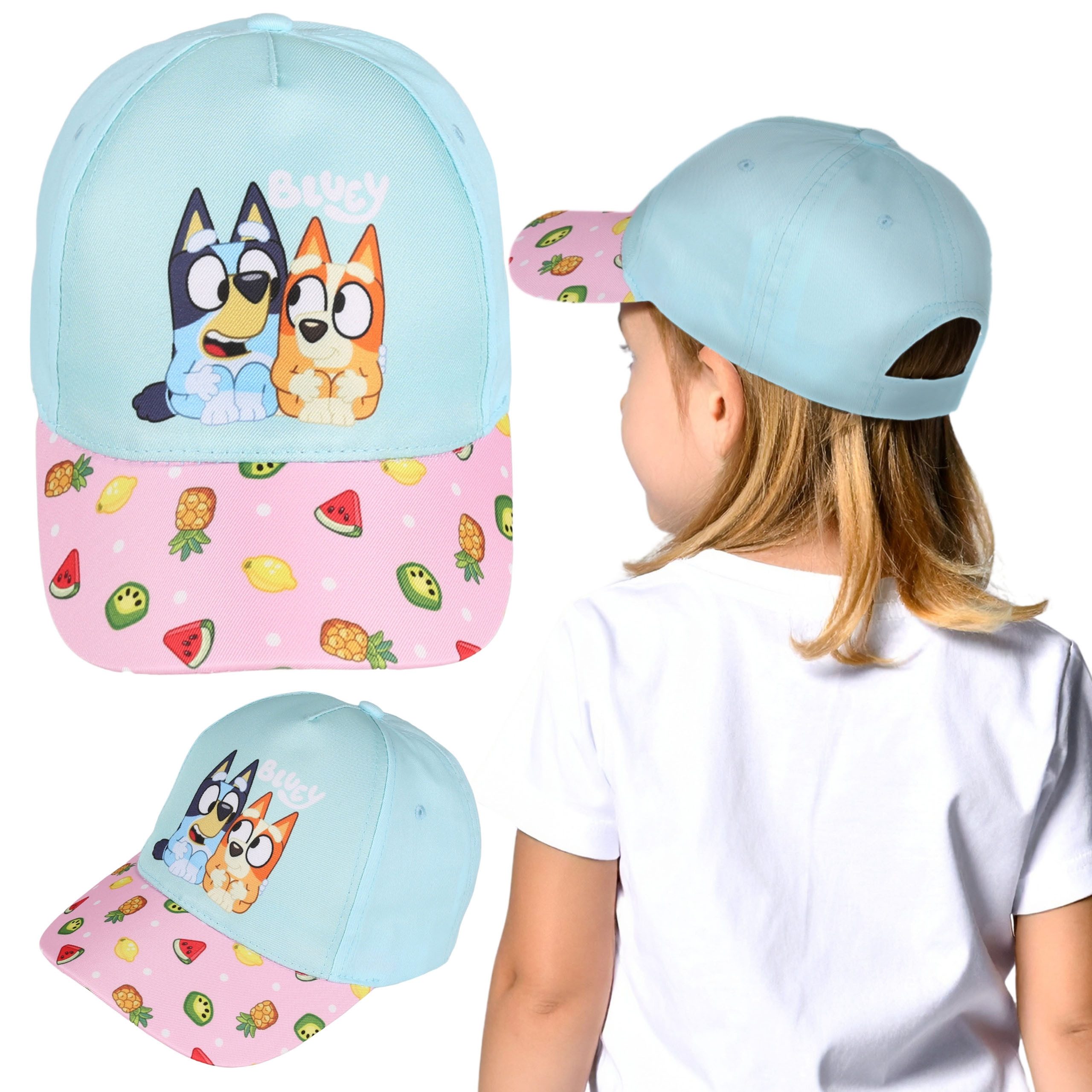 Baseball Cap Bluey Türkis Rosa Sommer-Kappe für Mädchen, 100% Baumwolle