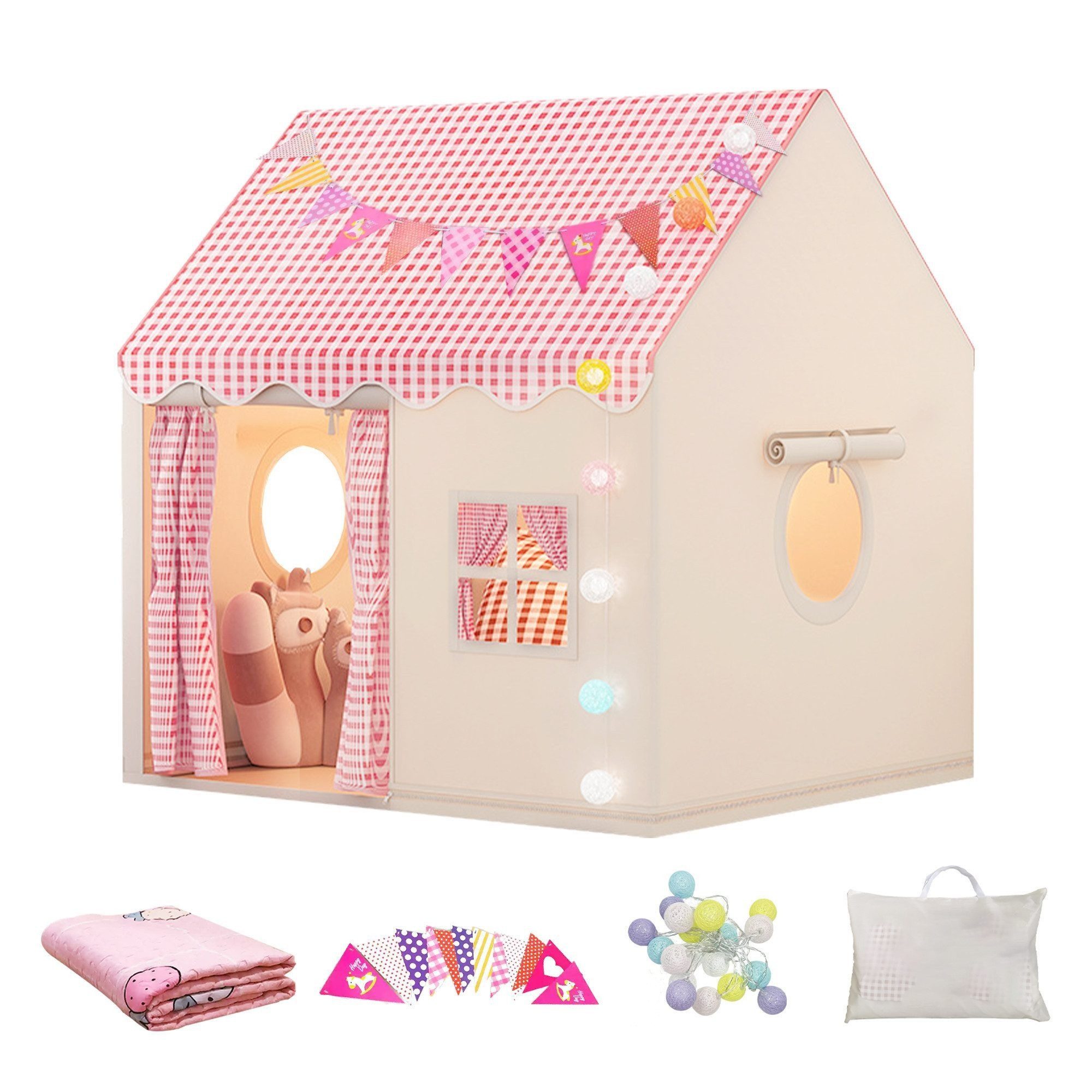 SEHAUSEU Spielzelt Kinderzelt Spielhaus mit Bodenmatte, Lichterkette und Wimpelkette