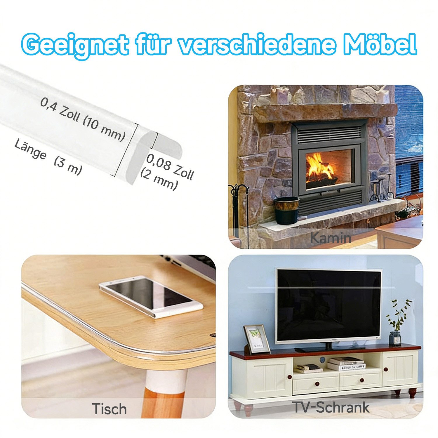 MOPUEA Kindersicherung 3 m Kantenschutz Transparenter Stoßfänger-Streifen für Möbelkante Ecke, Eckenschutz Transparent - Einfache Montage (10mm Breite)