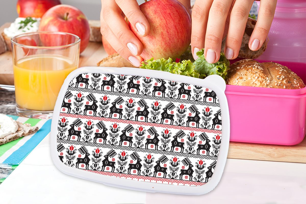 Muster Schwarz für Lunchbox - - Erwachsene, Brotbox Brotdose (2-tlg), Hirsche - Mädchen, Snackbox, Kinder, Kunststoff rosa Kunststoff, MuchoWow Rot,