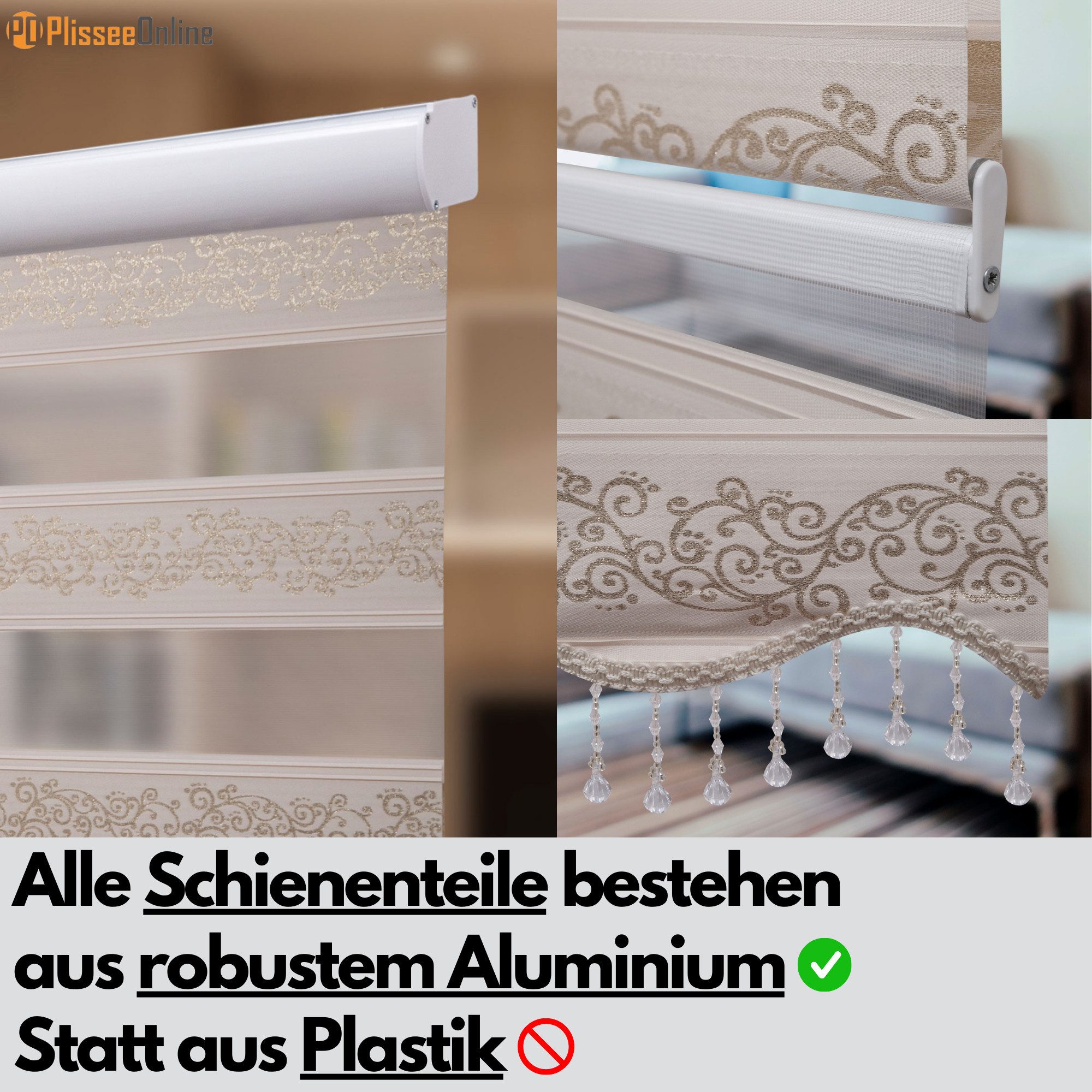 Doppelrollo Duorollo Doppelrollo mit Kassette Rankenmuster und Perlen Höhe: 250 cm, Plisseeonline, blickdicht, Deckenmontage, Freihängend, Deckenmontage mit Cli – Bild 4 von 5