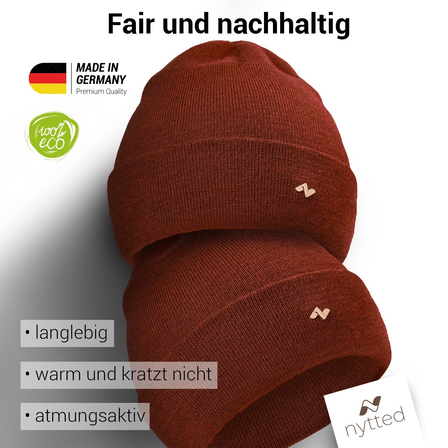 - 100% - Damen für in Made Merino-Wolle Beanie Germany NYTTED® Herren rost - & Wintermütze