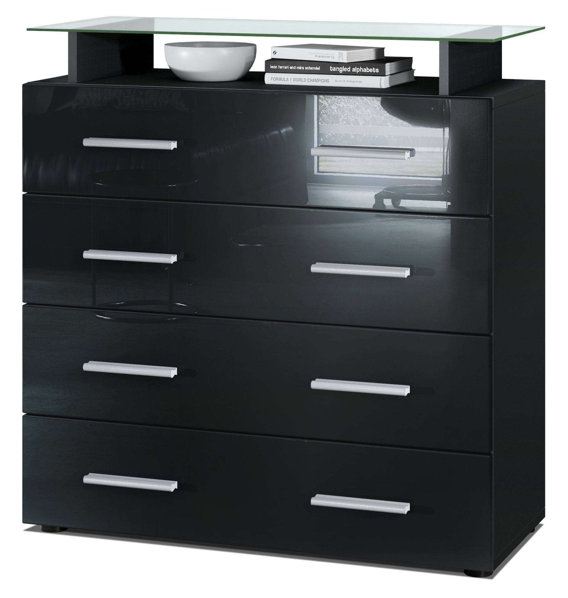 Vladon Kommode Pavos V2 (Kommode, mit 4 Schubladen und Glasablage), Schwarz matt/Schwarz Hochglanz (76 x 81 x 35 cm)