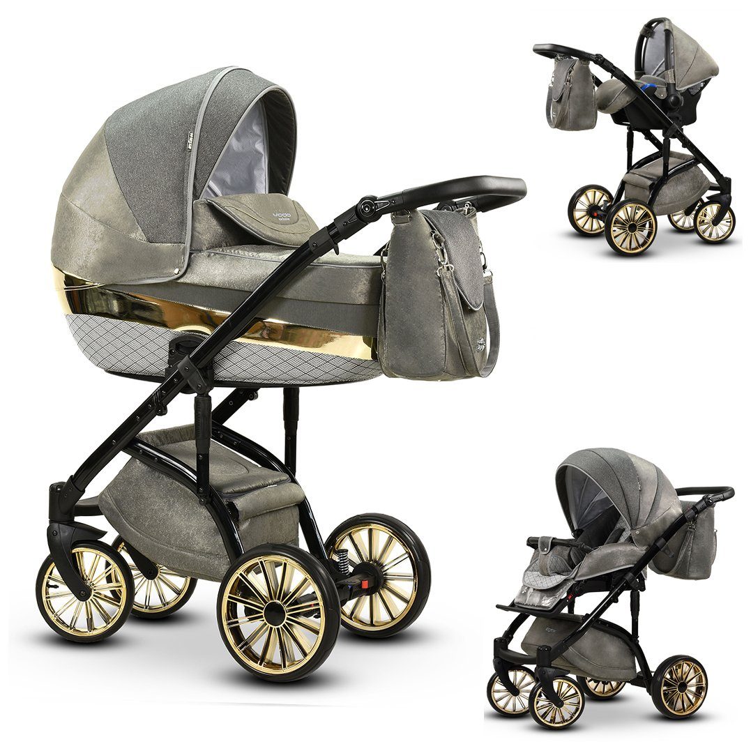 babies-on-wheels Kombi-Kinderwagen 3 in 1 Kinderwagen-Set Vip Lux - 12 Teile - in 16 Farben Silber-Gold-Dekor