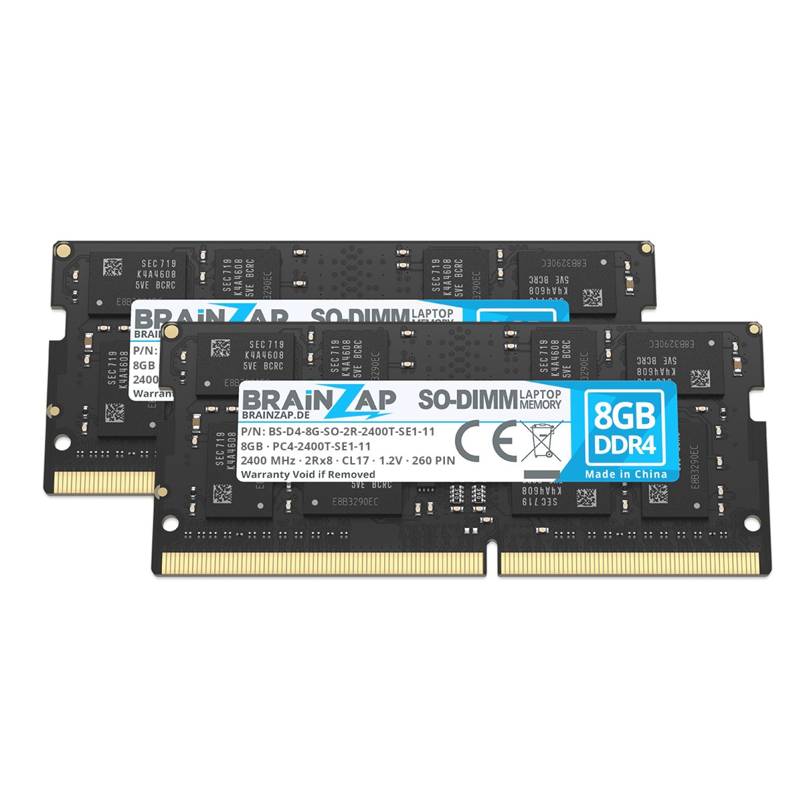BRAINZAP 16GB (2x 8GB) RAM PC4-2400T-SE1-11 SO-DIMM Laptop-Arbeitsspeicher (2400 MHz, CL17, 2Rx8, Non-ECC, Unbuffered, für Notebooks - Intel und)