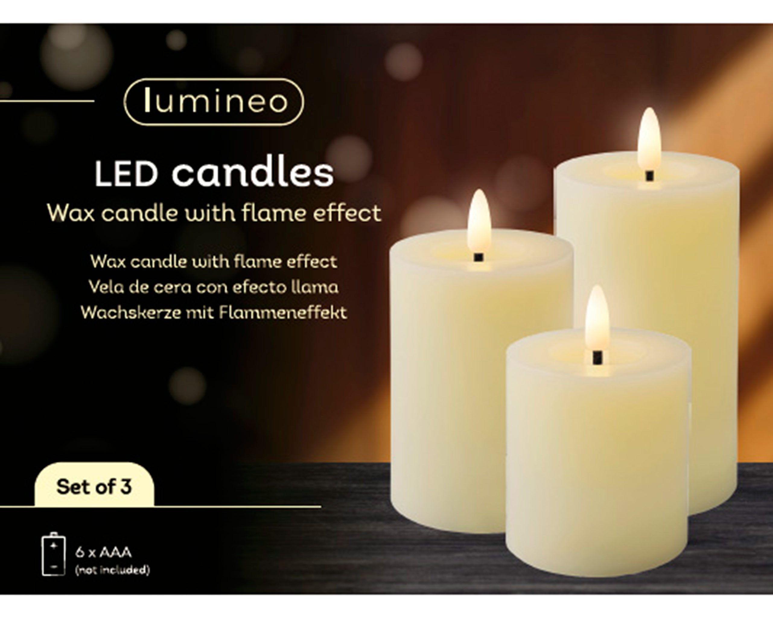 Lumineo LED-Kerze, Dauerlicht, warmweiß, LED Kerzen 11-19cm Wachs 3 Stück Creme / Warmweiß
