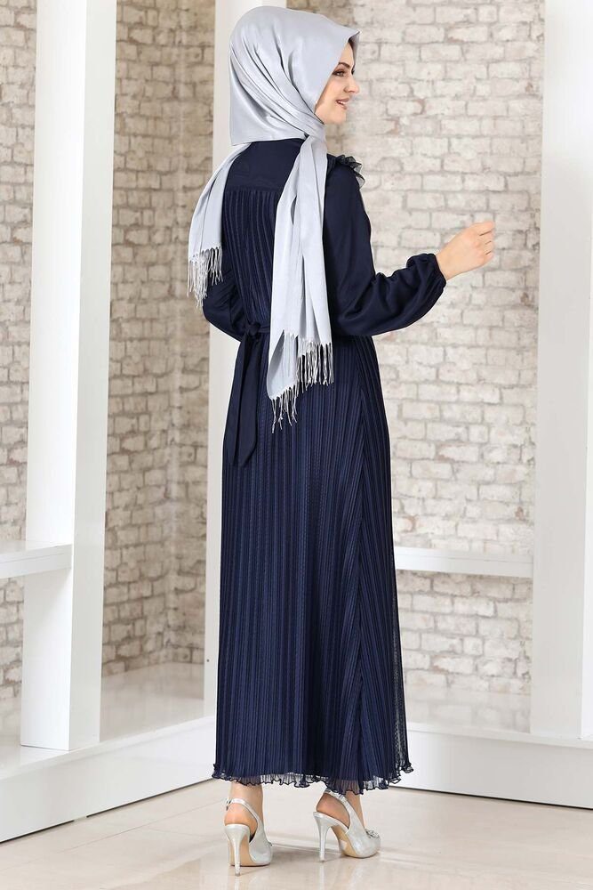 Lady Abendkleid Abiye Schulterdetail, mit Kleid Damen Modavitrini Kleid Navy-Blau Abaya Schulterdetail Hijab Falten-Optik