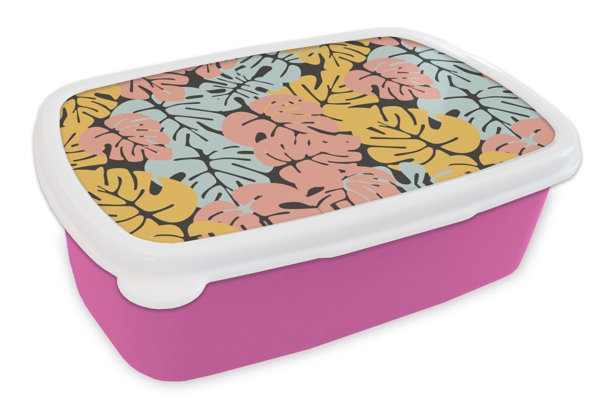 für Kunststoff, - - Brotdose Pastell, Kunststoff (2-tlg), Snackbox, MuchoWow Lunchbox Hawaii Monstera Brotbox rosa Gestaltung Kinder, Mädchen, - Erwachsene,