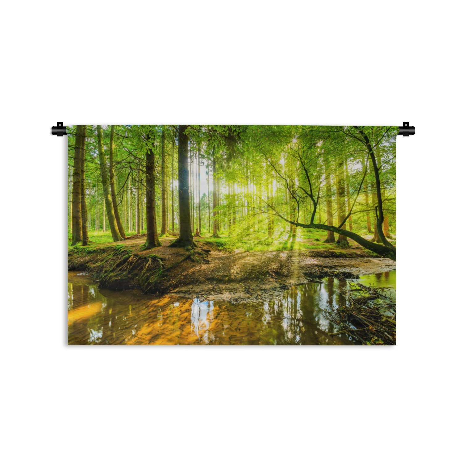 MuchoWow Wandteppich Wald - Landschaft - Wasser - Bäume - Sonne - Grün - Natur, Rechteckig, Höhe: 3 mm, Wandteppich für Wohnzimmer, Schlafzimmer, 60x40 cm