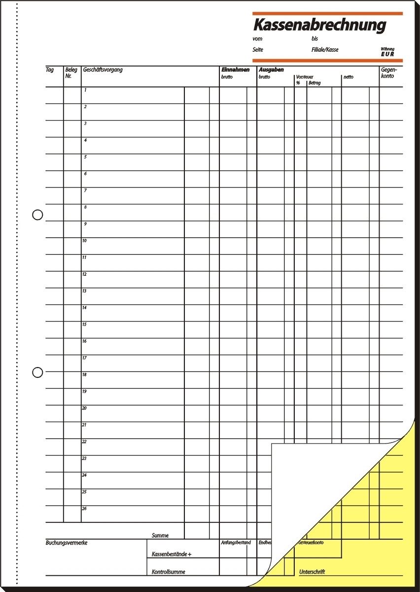 Formularblock Formularbuch Kassenabrechnung A4 VE=2x50 Blatt.