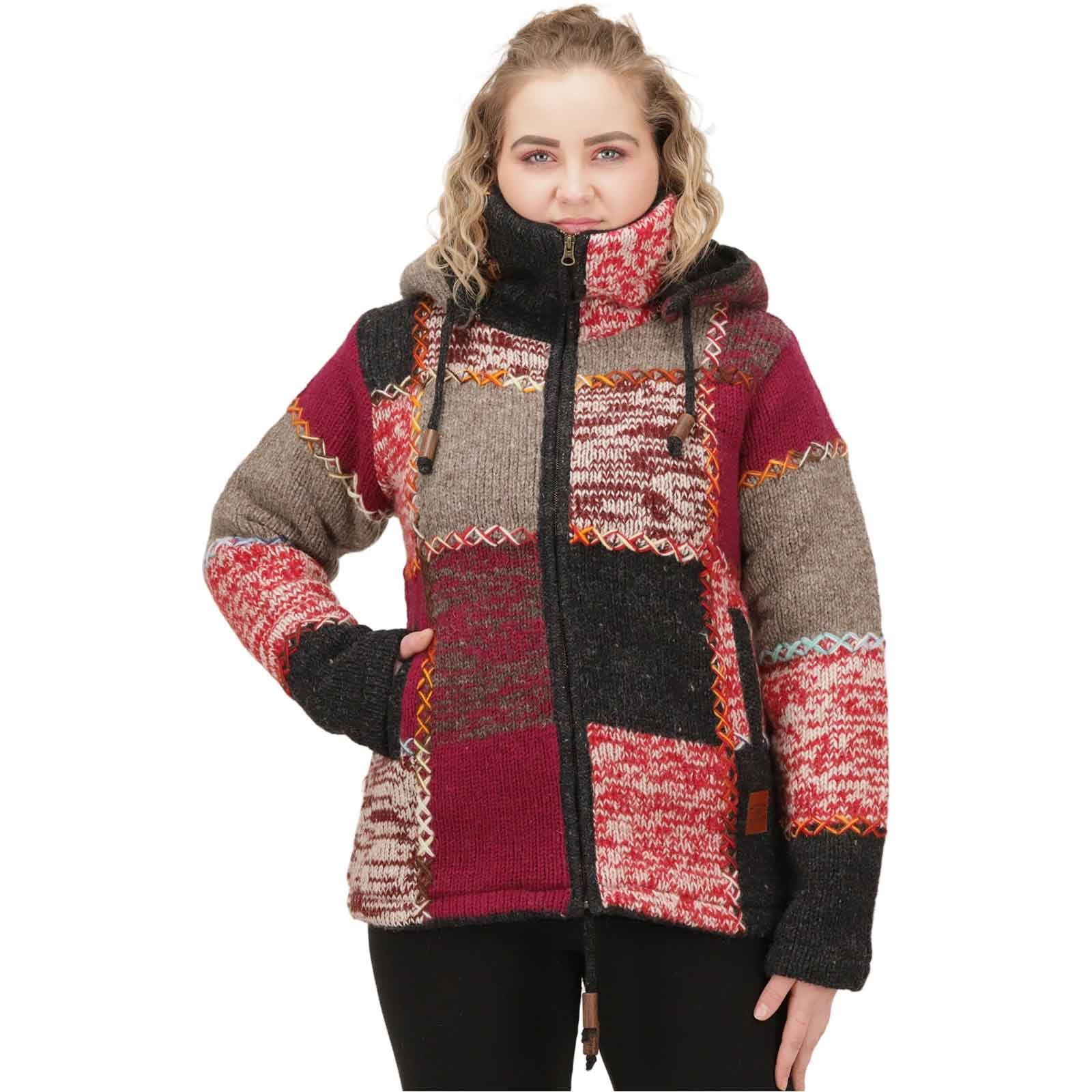 KUNST UND MAGIE Kapuzenstrickjacke Strickjacke Wolle Bunte Patchworkjacke Fleecefutter abnehmbarer Kapuze