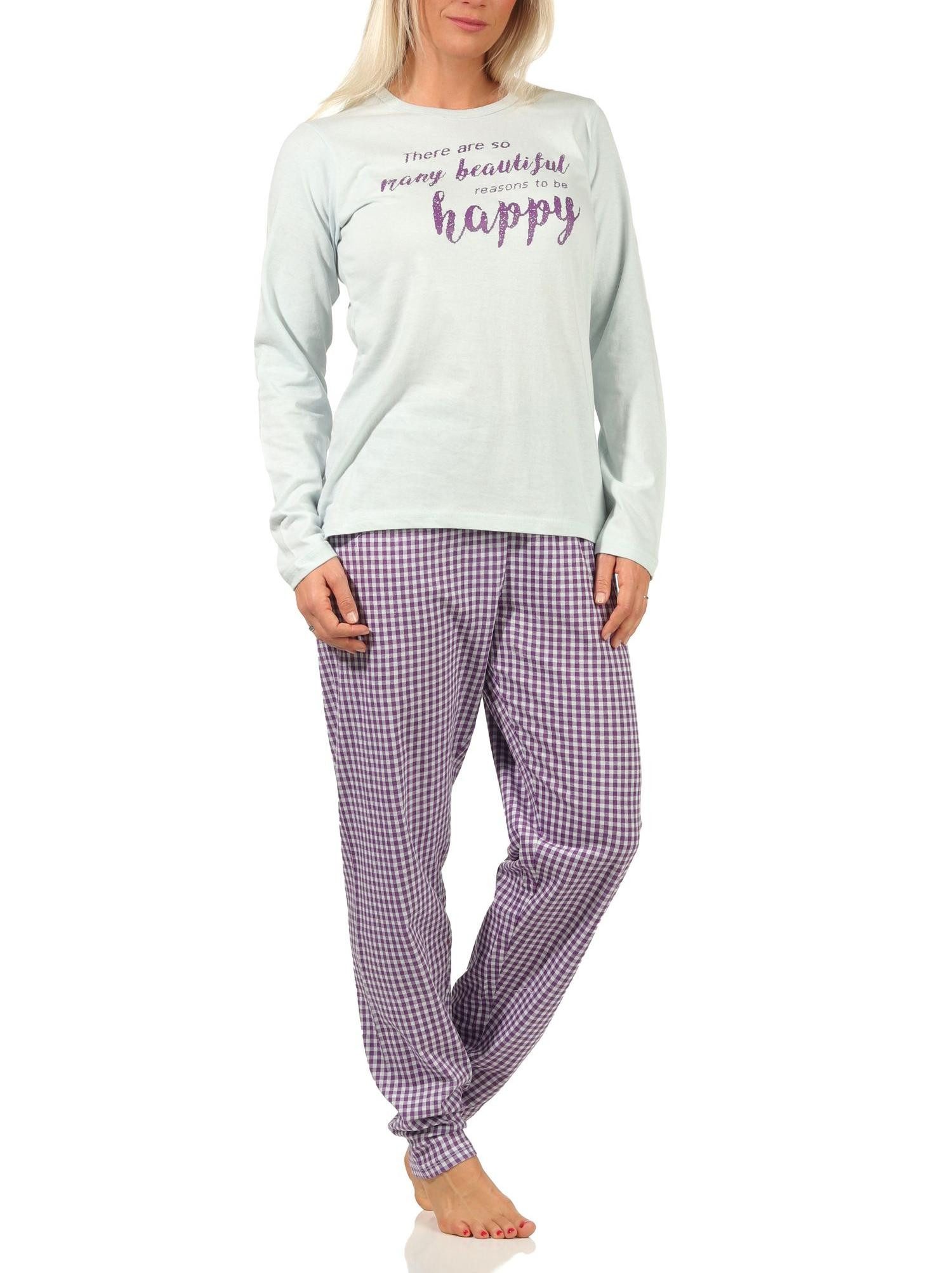 RELAX by Normann Pyjama Damen langarm Schlafanzug mit Schriftzug und karierter Hose - 66536