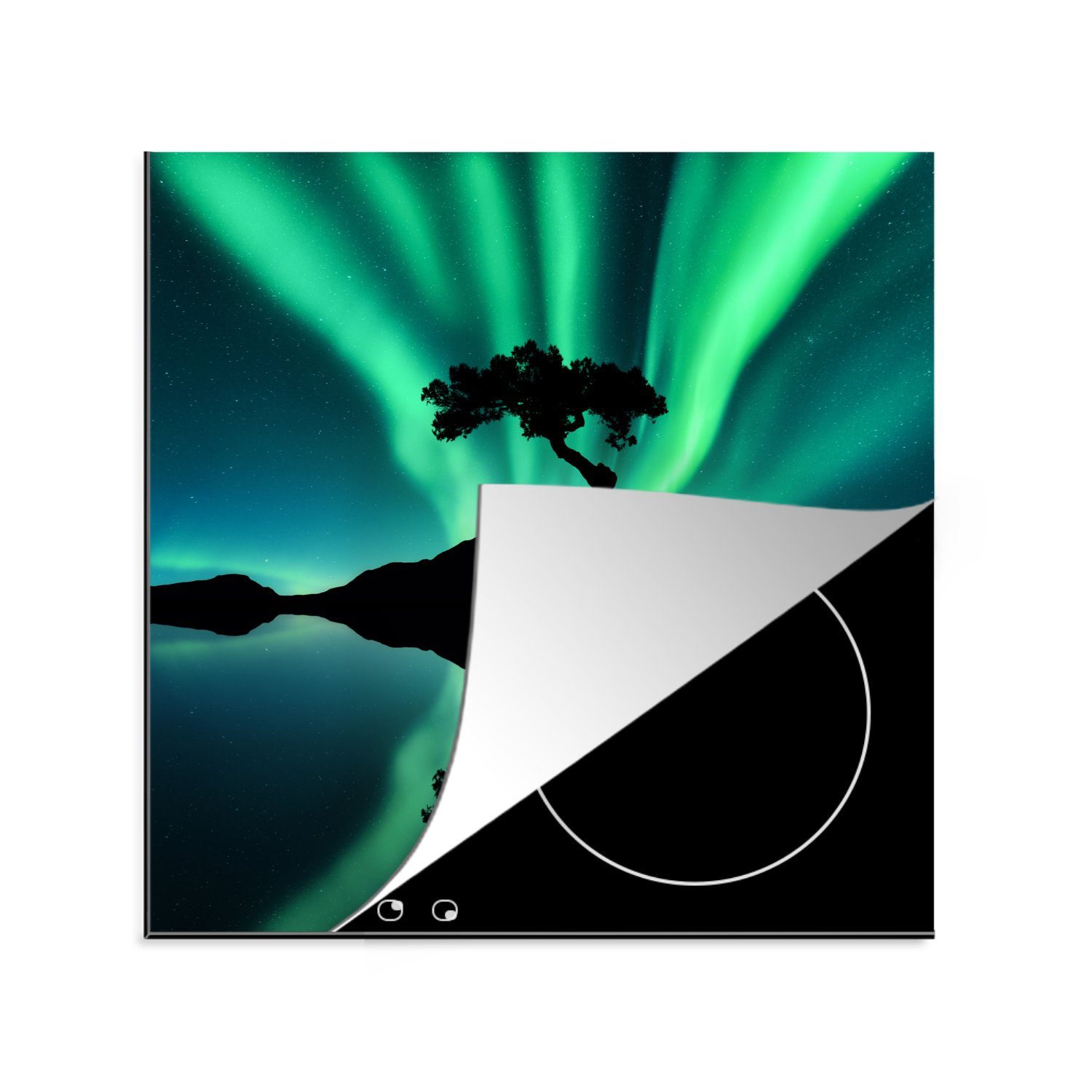 MuchoWow Herdblende-/Abdeckplatte Nordlicht - Silhouette - Baum, Vinyl, (1 tlg), 78x78 cm, Ceranfeldabdeckung, Arbeitsplatte für küche | Herdabdeckplatten