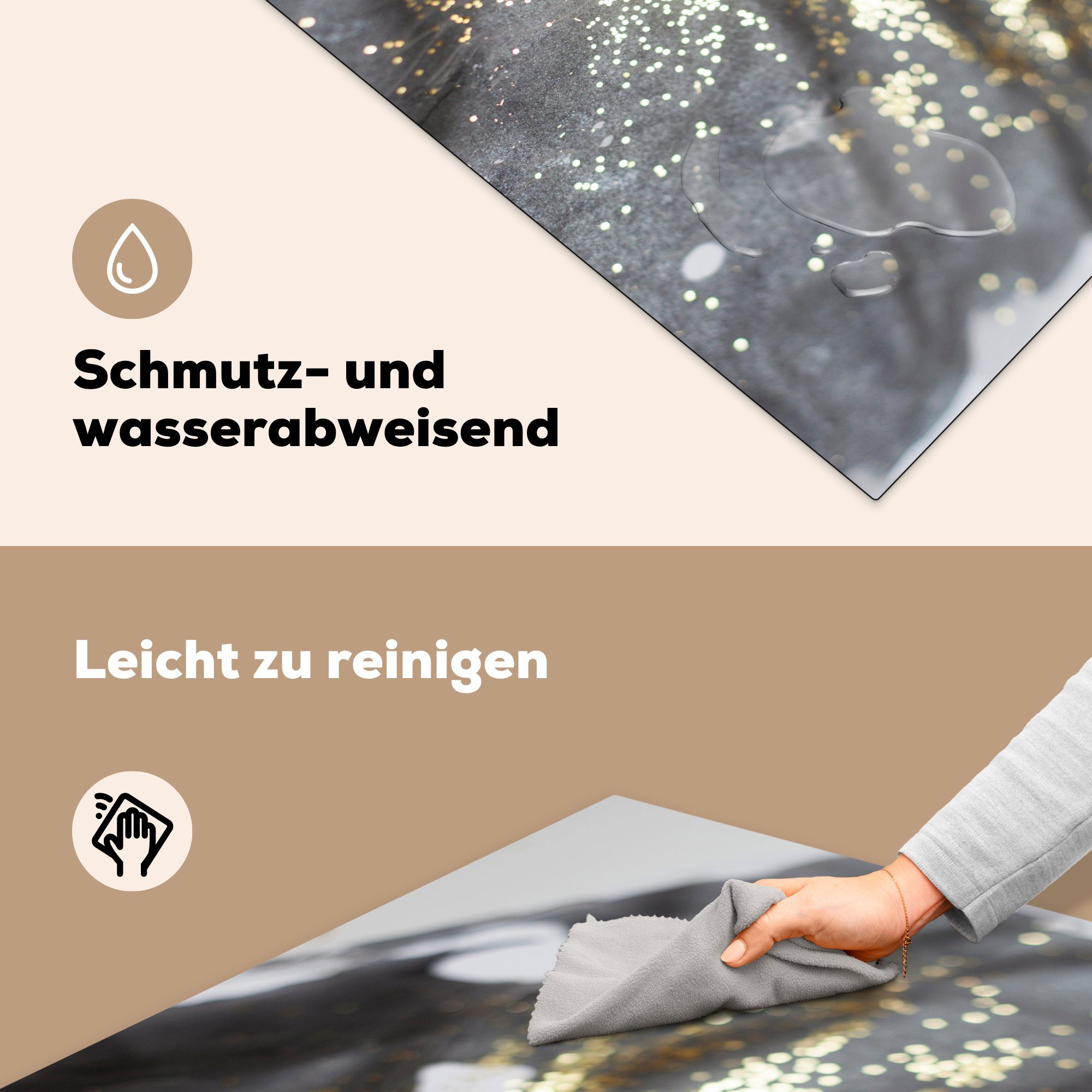 Vinyl, MuchoWow Schwarz 78x78 Luxus, - (1 Ceranfeldabdeckung, Marmor Arbeitsplatte - cm, für Glitter küche - tlg), Herdblende-/Abdeckplatte