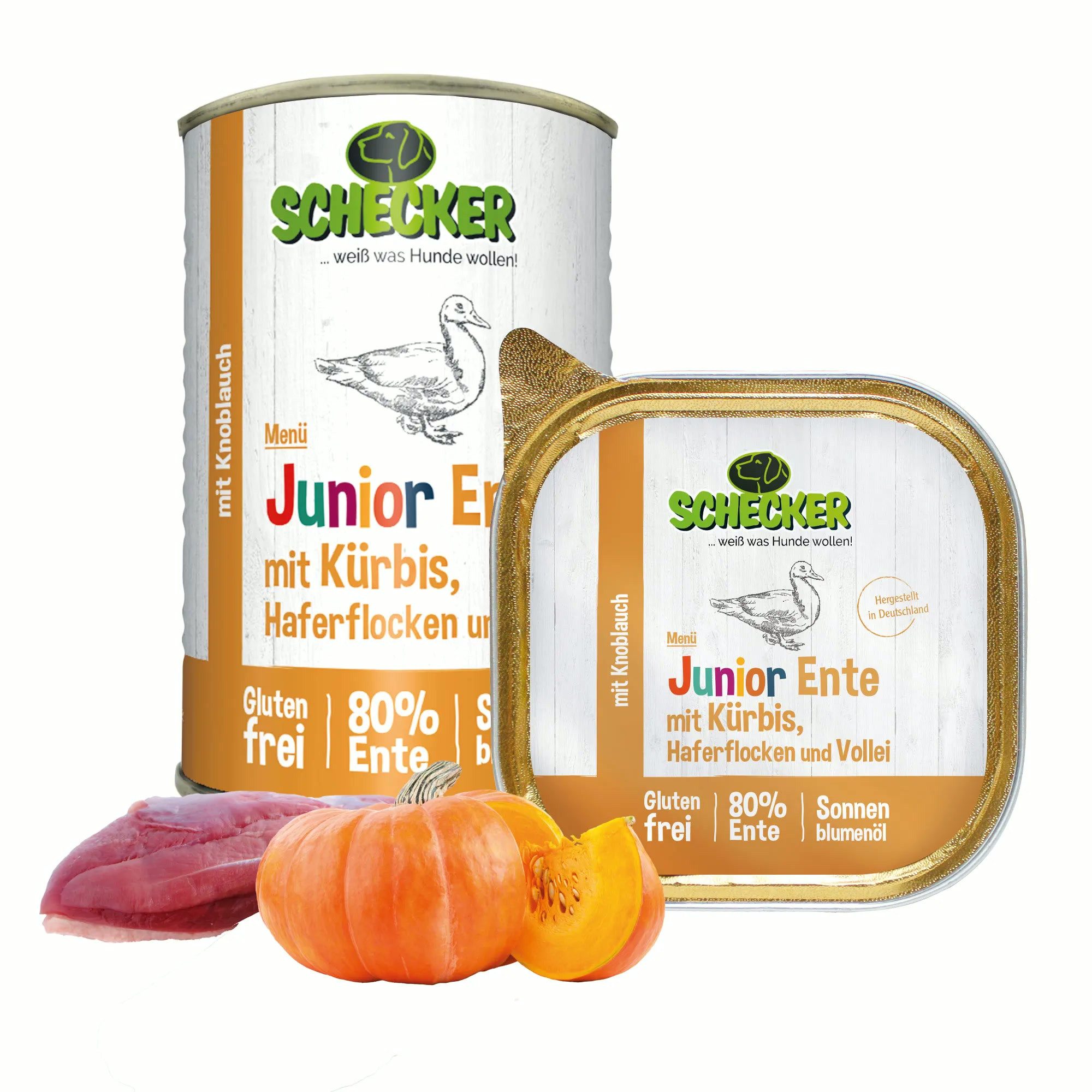 Schecker Schecker Hundemenü Junior Ente mit Kürbis, Haferflocken und Vollei Ente, 12St., Ohne Farbstoffe, ohne Konservierungsstoffe