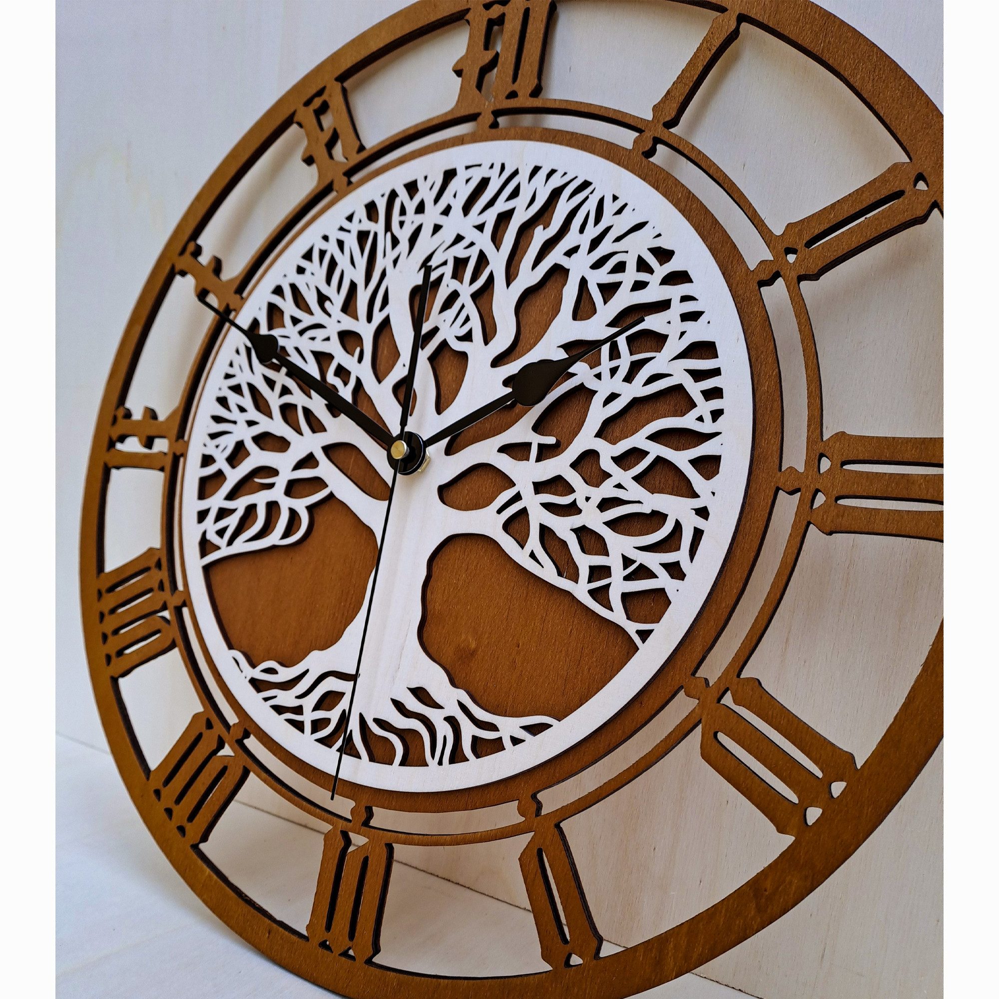 ORNAMENTI Wanduhr Rustikal, skandinavisch, Baum des Lebens, botanische Wanduhr, holz (Grosse, moderne, hingucker Wanduhr, Handmade, ohne Ticken, 3 Größen)