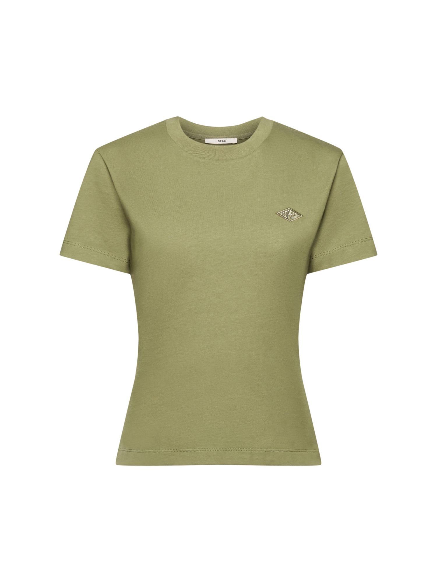 Esprit Langarmshirt Baumwolljersey OLIVE mit (1-tlg) aus Logostickerei T-Shirt