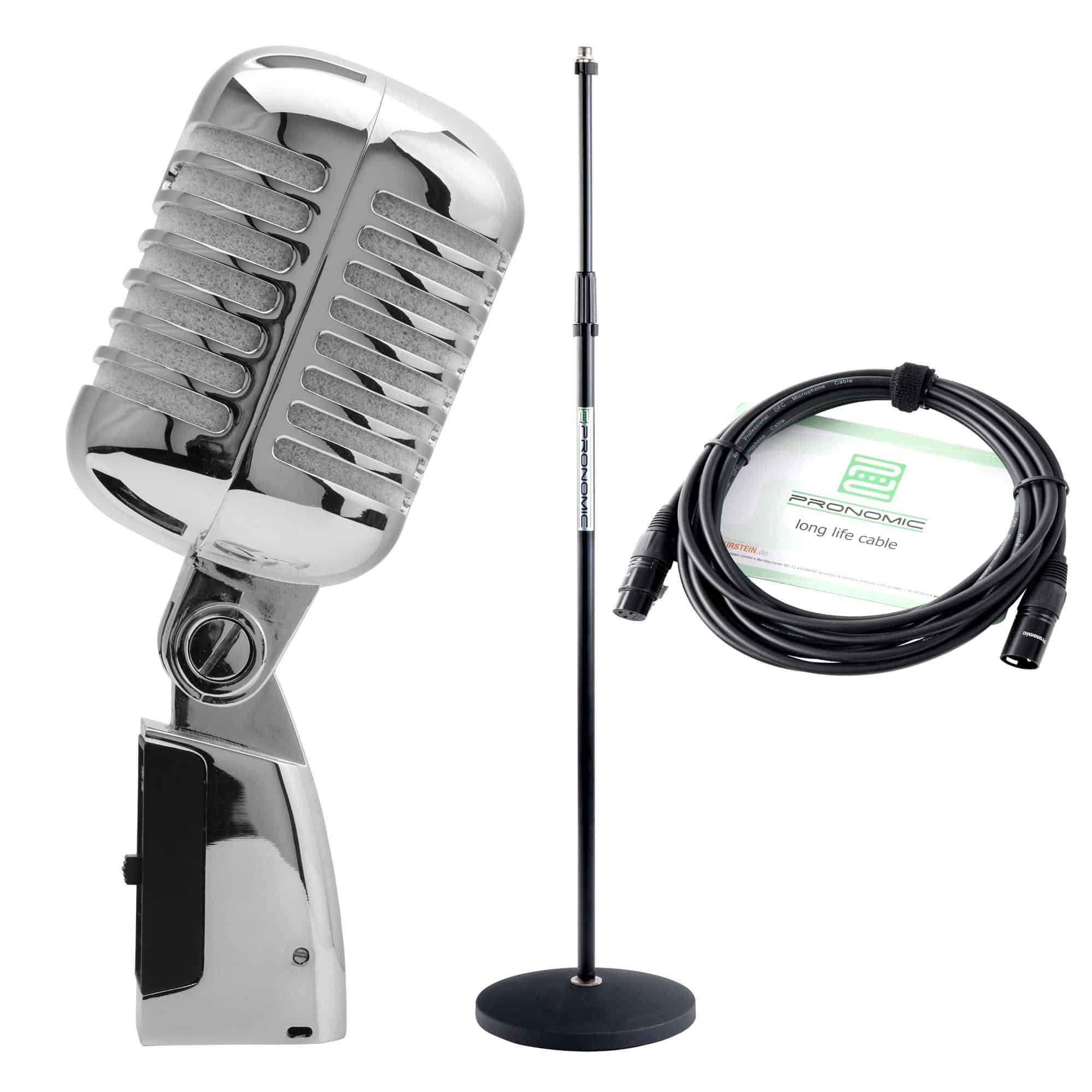 Pronomic Mikrofon DM-66 Elvis Rockabilly Dynamisches-Mikrofon (Spar-Set inkl. Mikrofonständer und XLR-Kabel, 3-tlg), Vocal Mikrofon für Sprache und Gesang
