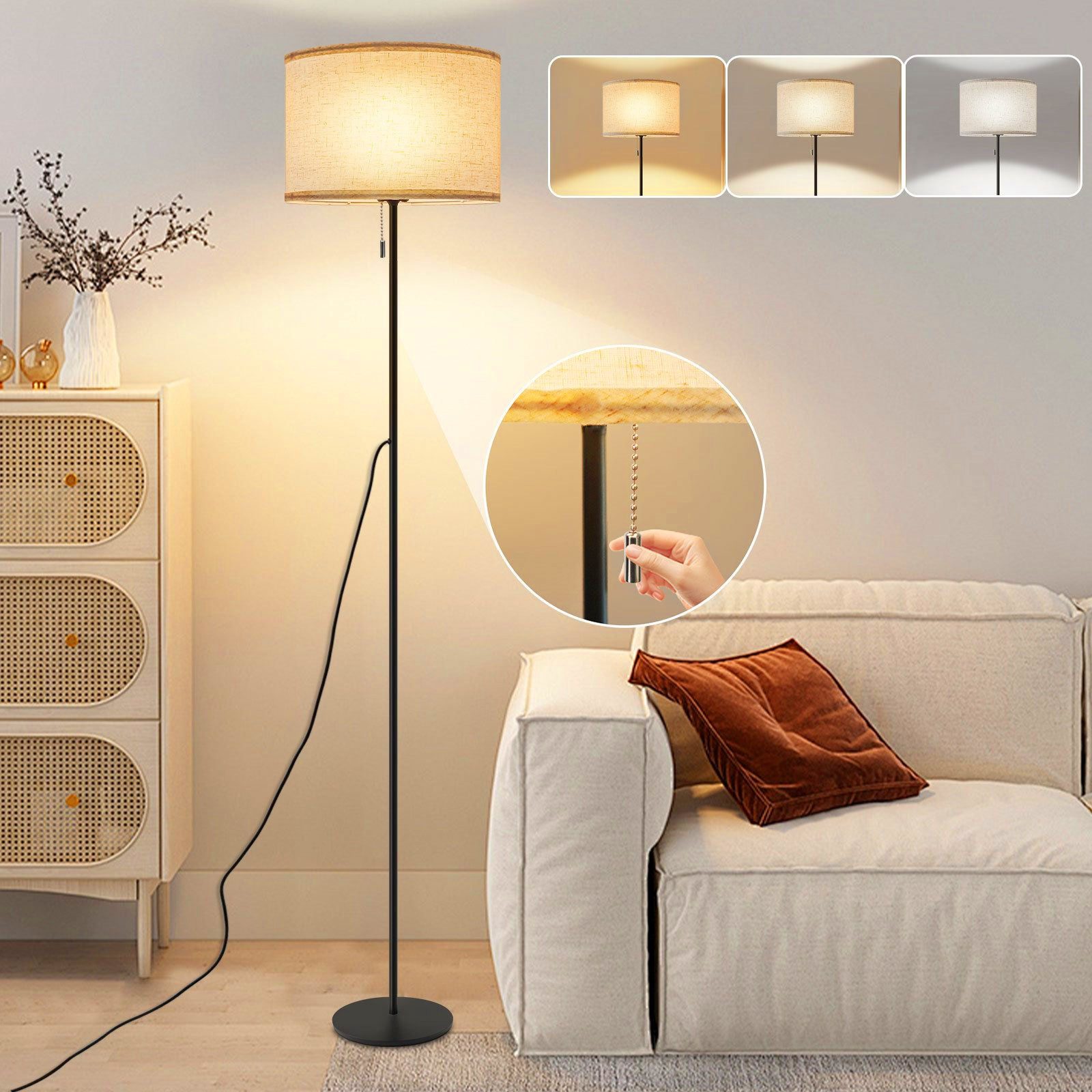 LED Stehlampe Dimmbar Vintage Beige Lampenschirm 151CM Stehleuchte