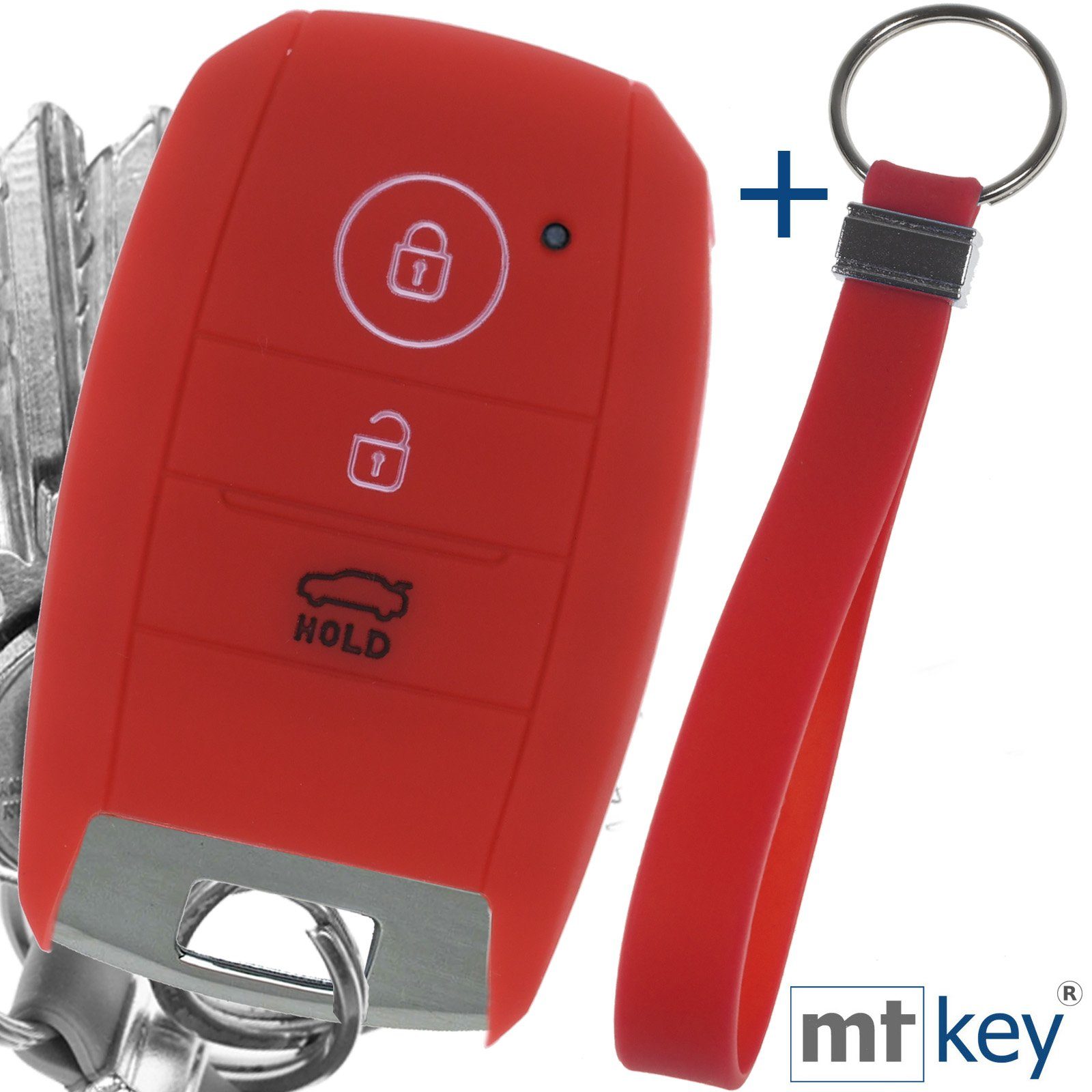 mt-key Schlüsseltasche Autoschlüssel Softcase Silikon Schutzhülle Rot mit Schlüsselband, für KIA Picantio Rio Ceed Soul Sportage Stonic 3 Tasten KEYLESS