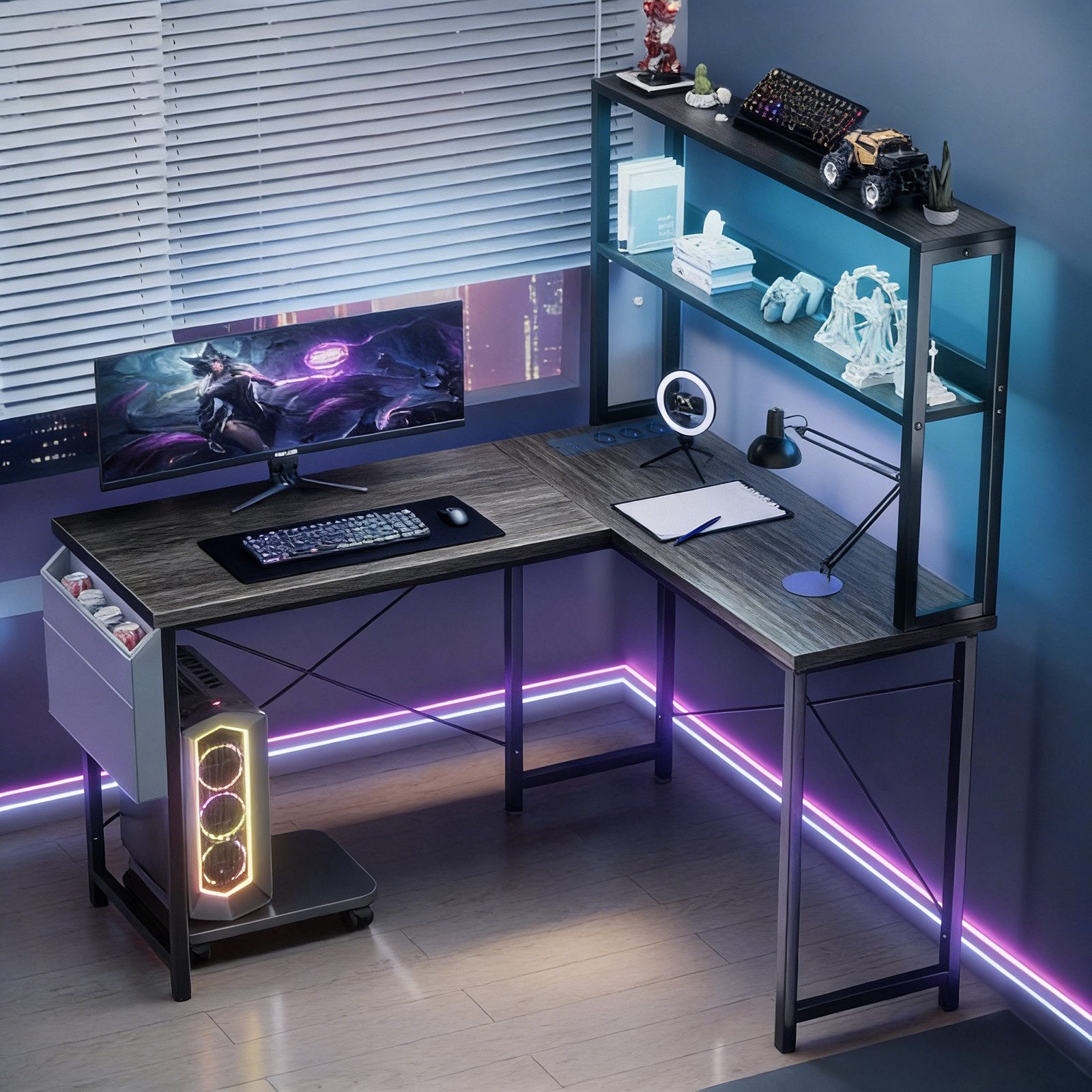 BBWL Computertisch Doppelstock-Computertisch mit RGB-LED, integrierter Steckdosenleiste, 15 mm Spanplatte P2, PVC-Kanten und flexiblem PC-Halter