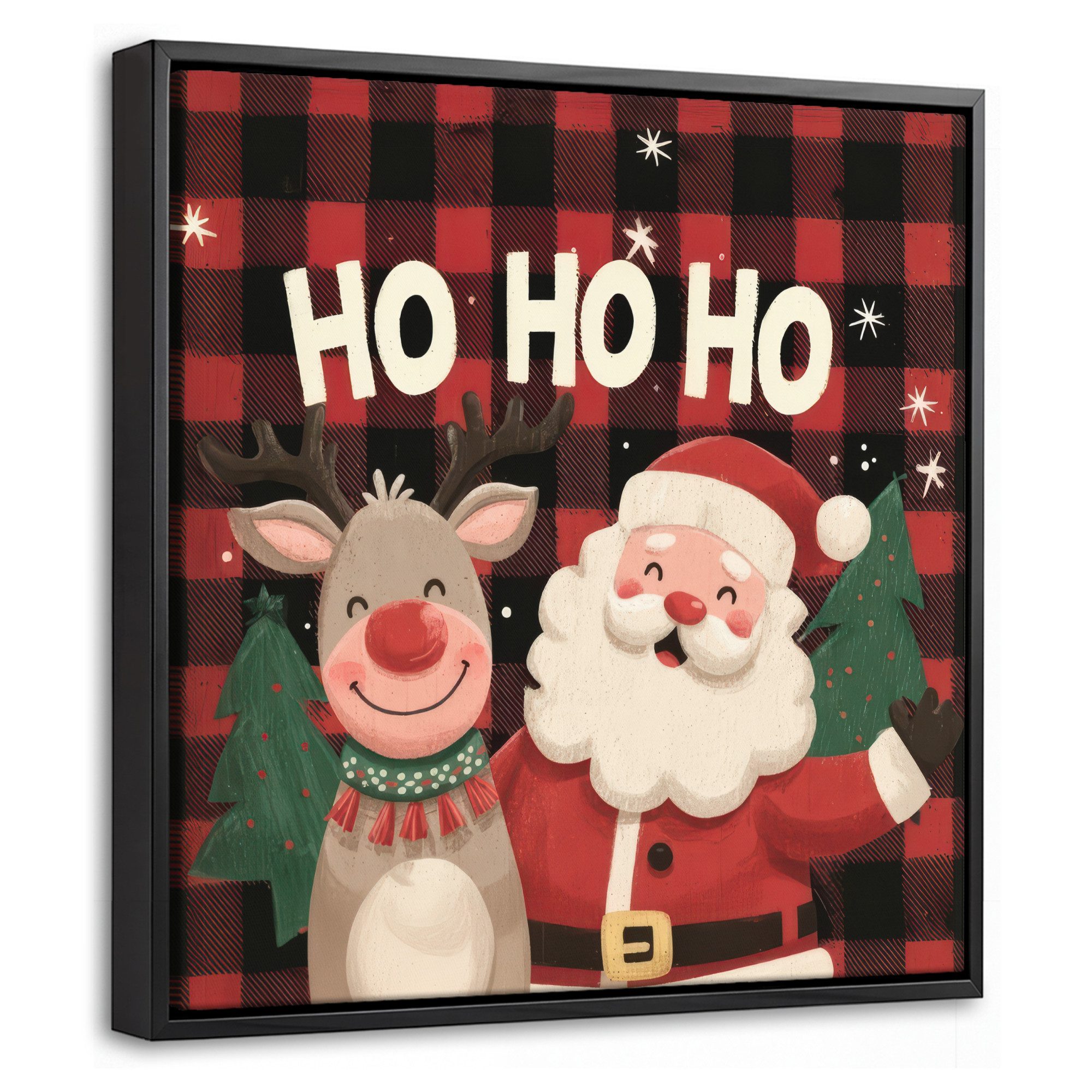 OneMillionCanvasses® Leinwandbild mit Rahmen - Weihnachtsmann - Rentier - Text - Rot - Schwarz, Fotodruck (1 St), Leinwand Bilder Klein, Wand Dekoration Aesthetic 20x20cm