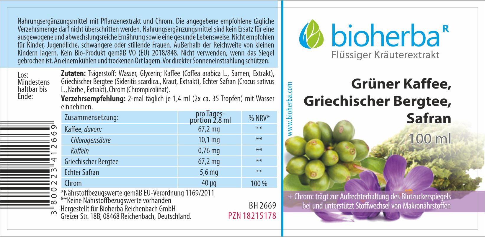 BIOHERBA R Grüner Kaffee Griechischer Bergtee Safran Tropfen Tinktur 100 ml Nahrungsergänzungsmittel