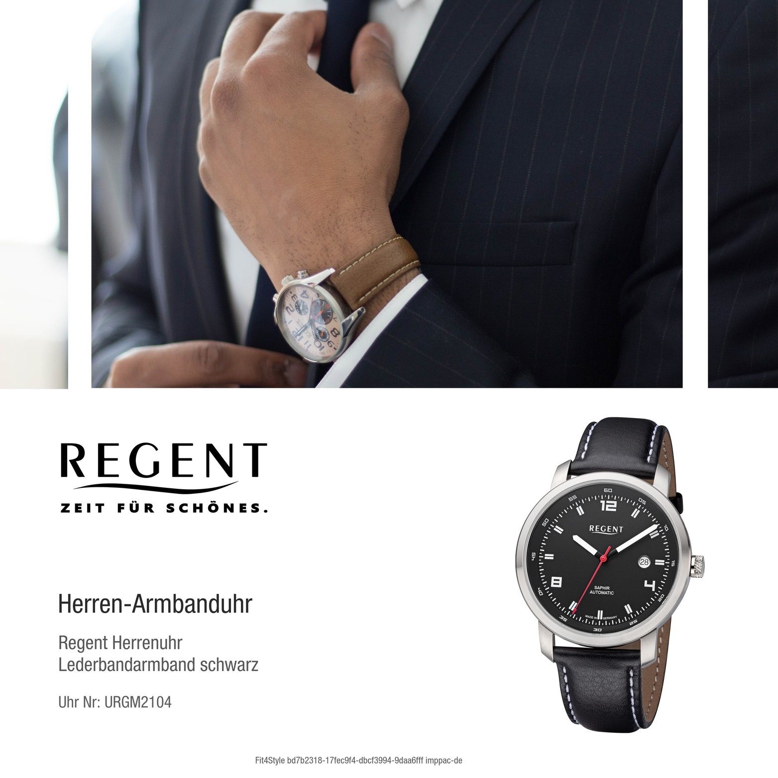 Regent Quarzuhr Herren Gehäuse, 44mm) (ca. Lederbandarmband rundes Analog, schwarz, Herrenuhr Regent Armbanduhr groß