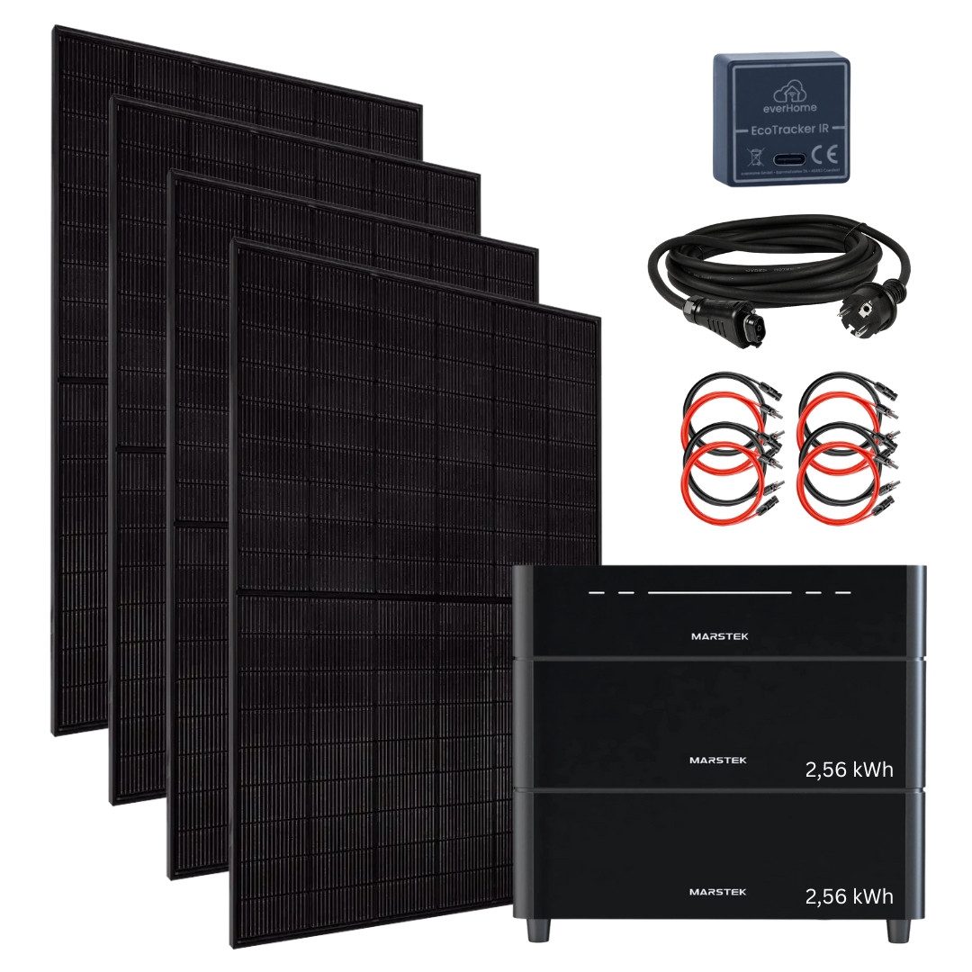 MyVoltaics Balkonkraftwerk 1760+ Watt MIT SPEICHER Marstek Venus D bis 7,68 kWh Versand 0 €, 1760 W, 4 Module 440+ W bifazial, 2,56 kwh Speichererweiterungen nach Wahl, (Set komplett, 5-St., komplett steckerfertig für Steckdose und Solarmodule, erweiterbar), 800 W Netzausgang, Notstrom direkt am Speicher bis zu 2500 W