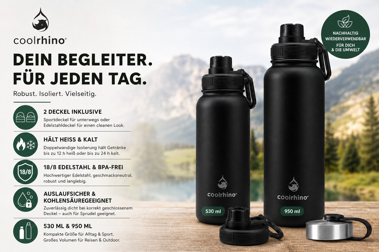 coolrhino Isolierflasche rhinoTherm Edelstahl Trinkflasche 530 ml / 950 ml, Kohlensäure geeignet, BPA-frei Thermosflasche doppelwandig