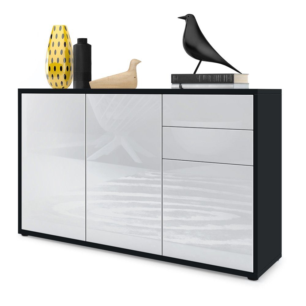 Vladon Kommode Ben V3 (Kommode, mit 3 Türen und 2 Schubladen), Schwarz matt/Weiß Hochglanz (117 x 74 x 36 cm)
