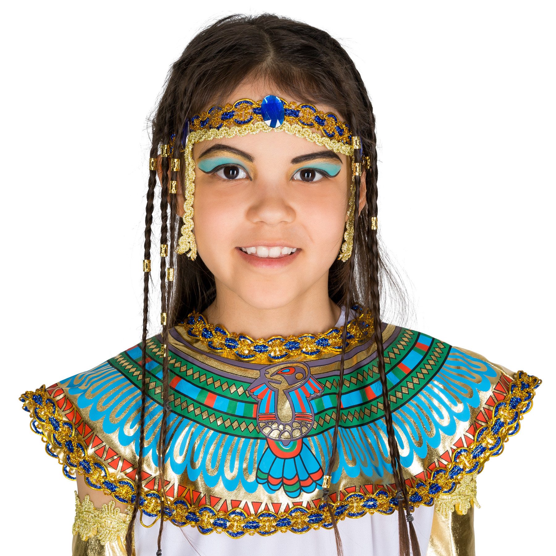 dressforfun Kostüm Pharaonin/Ägyptische Königin, 2 goldene Armstulpen mit Klettverschl., in weiß, Gr. 140 (10-12 Jahre), Langes Kleid, Gürtel mit Klettverschl.