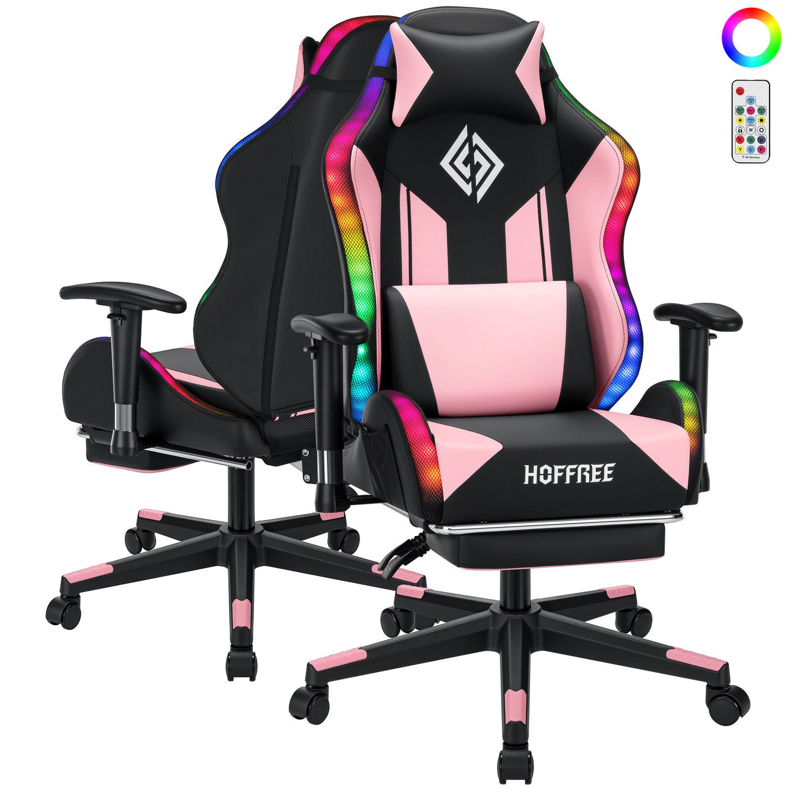 Hoffree Gaming-Stuhl Ergonomisch PC Gamer Stuhl, Schreibtischstuhl für Kinder Teenager (mit Fußstütze, Lendenstützkissen,Kopfstütze, 338 dynamische Lichteffekte), höhenverstellbar, bis 159kg